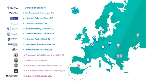 A list of all Aurora members, nine European universities, four associate partners and one global partner. Alsow there is a map showing how the members are located across Europe and one in USA.